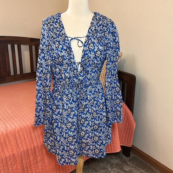 J CREW BEACH DRESS TIERED TIE FRONT FLORAL BLUE WHITE NWT SZ MEDIUM - Picture 4 of 14